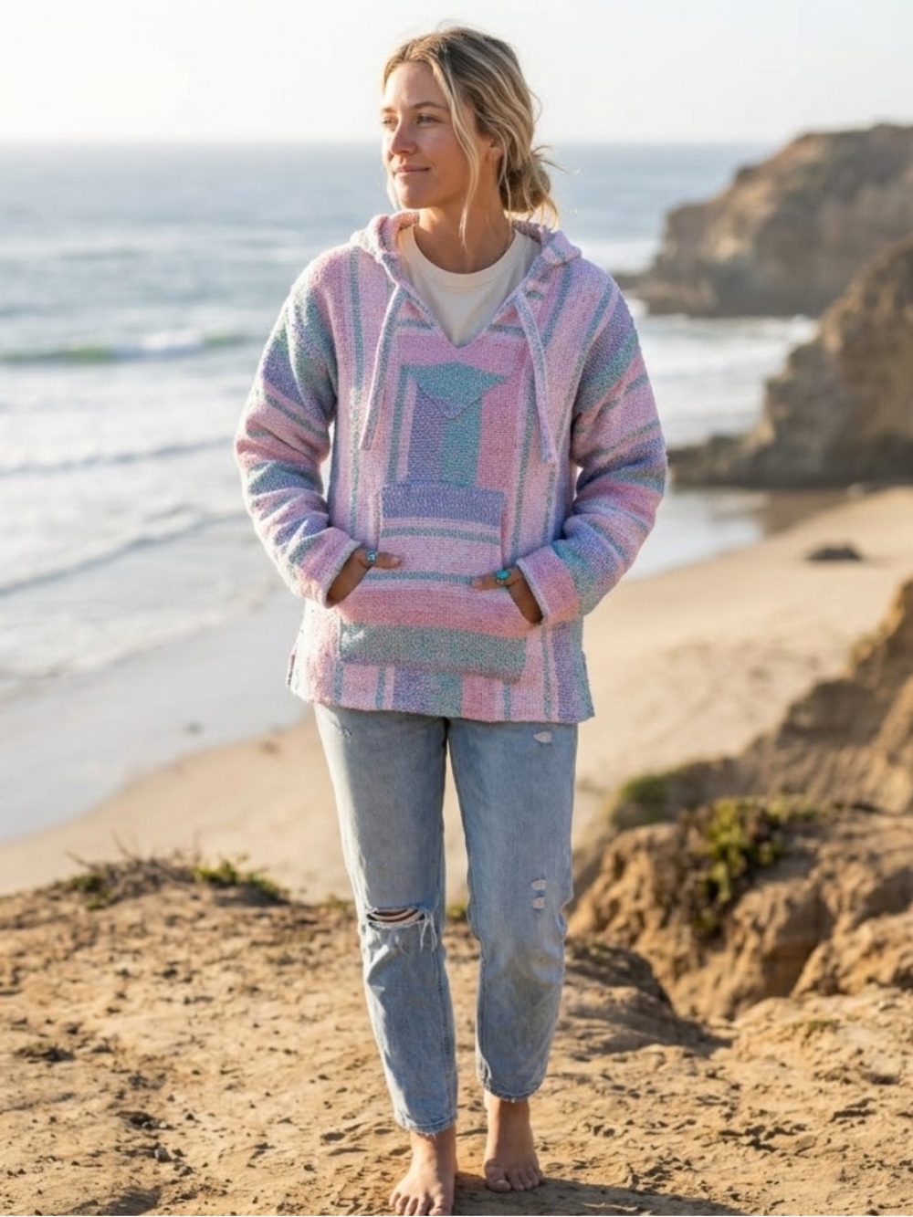 Pastel Striped Baja Hoodie Sweater - Women